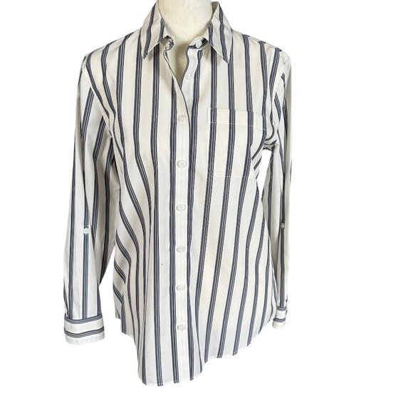 Lands' End Petite XSP 2-4 no iron blue and cream striped button down shirt - Picture 1 of 8